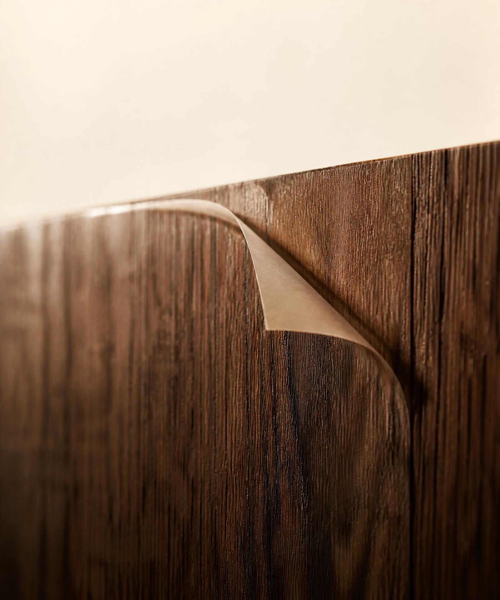 Close-up of a walnut architectural panel with a translucent film layer lifting at the edge